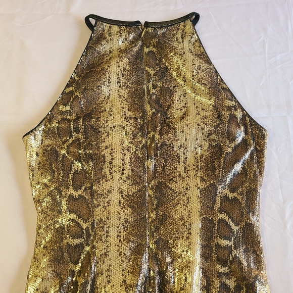 Cache Sequin Python Snake Print Halter Lined Knee Length Party Cocktail Dress - Picture 5 of 11